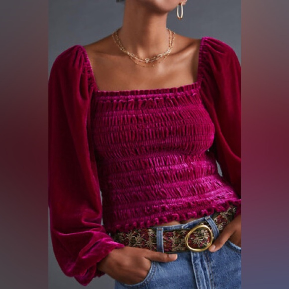 Anthropologie Puff Sleeve Velvet Blouse - Picture 2 of 11